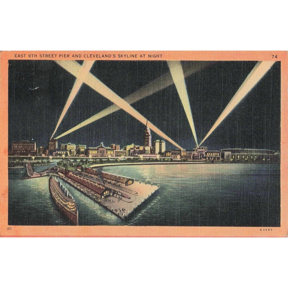 Cleveland Ohio East 9th Street Pier Skyline Night Linen Postcard